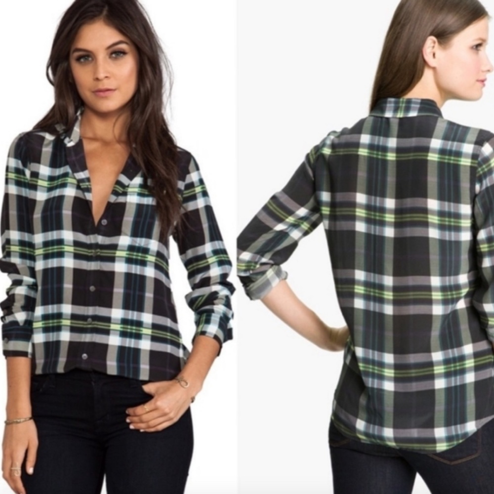 Equipment Neon Plaid Silk Blouse